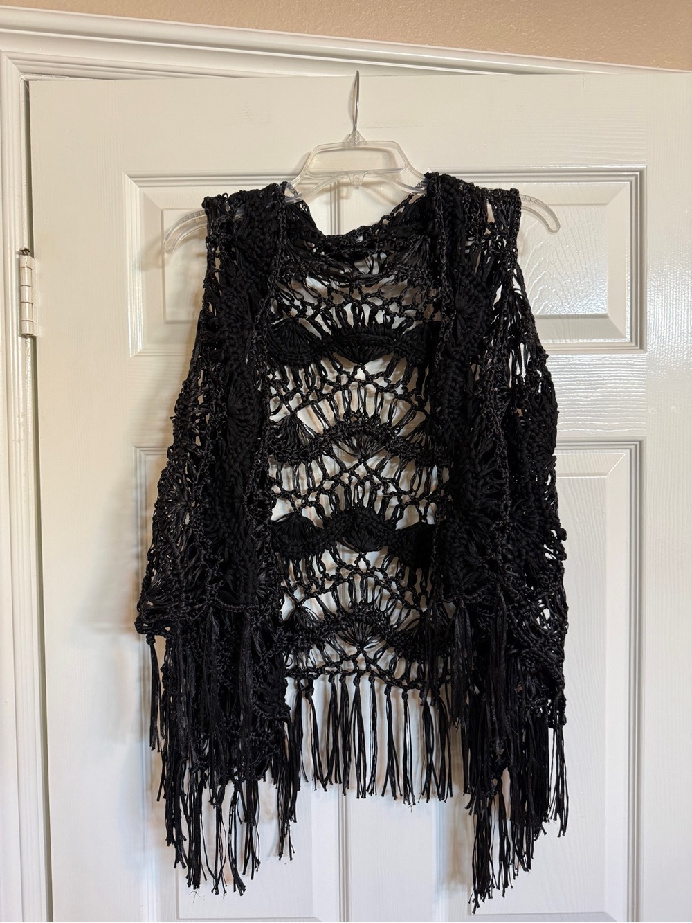 Jet Set Black Crochet Fringe Open Vest Sweater One Size